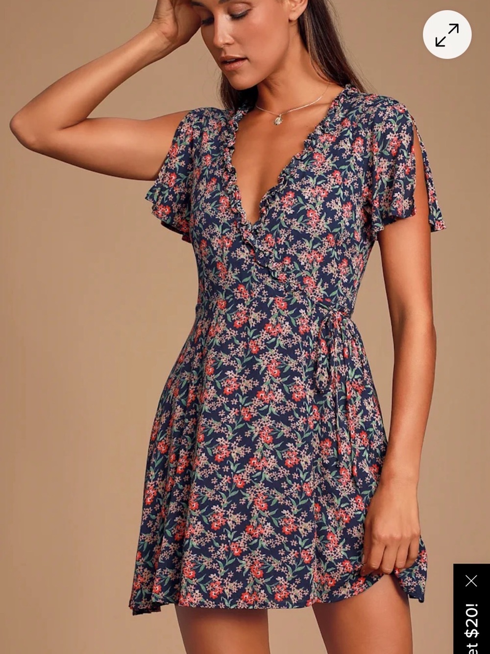 Lulu's Navy Floral Wrap Mini Dress with Ruffle V-Neck